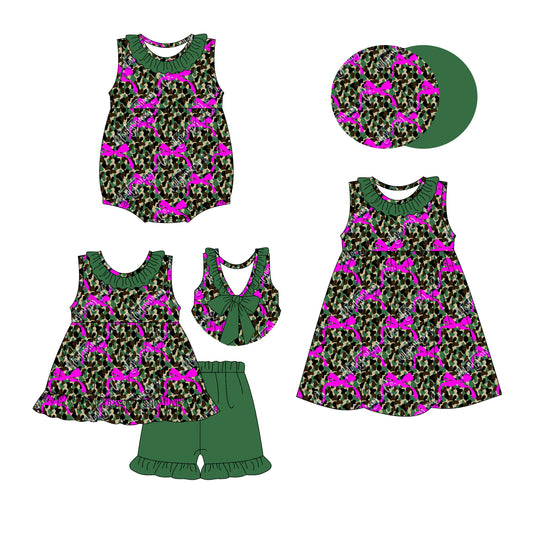 3.20 custom each style moq 5eta 4-6week Sibling Sisters camouflage bow baby girl short sleeve shorts sets and dress and rompers match family design