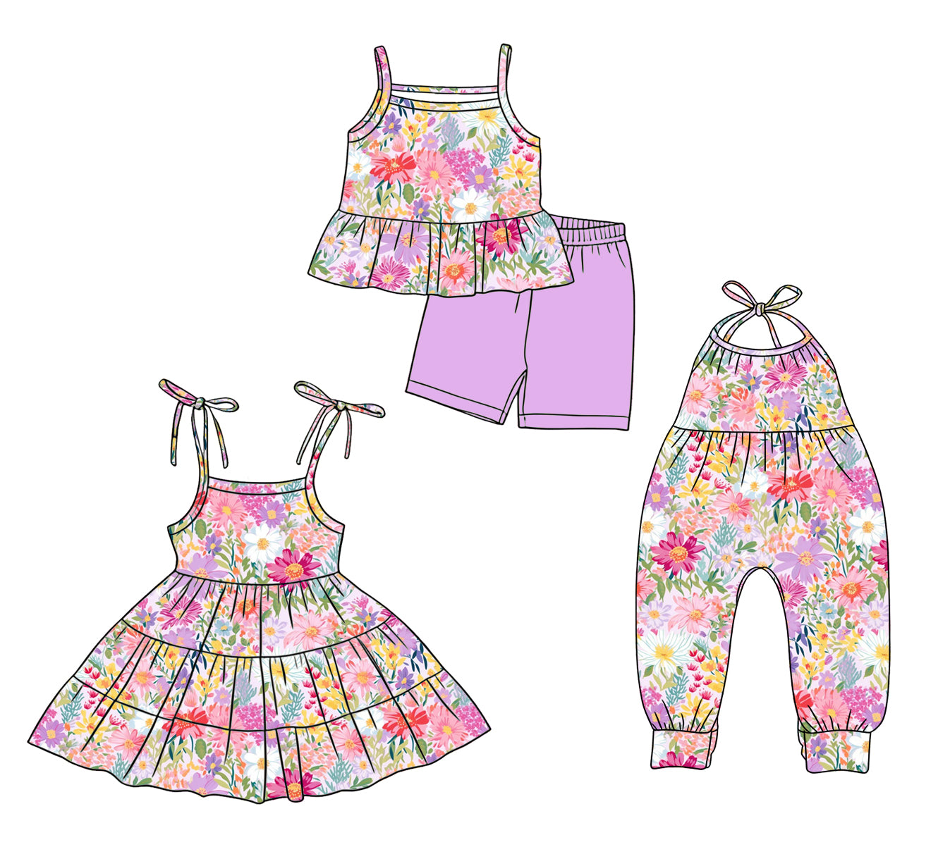 2.28 Custom moq 5 mix size Sibling Baby Girl Floral print Sleeveless Top And Shorts Set Dress Jumpsuit Comfortable Outfit for Summer
