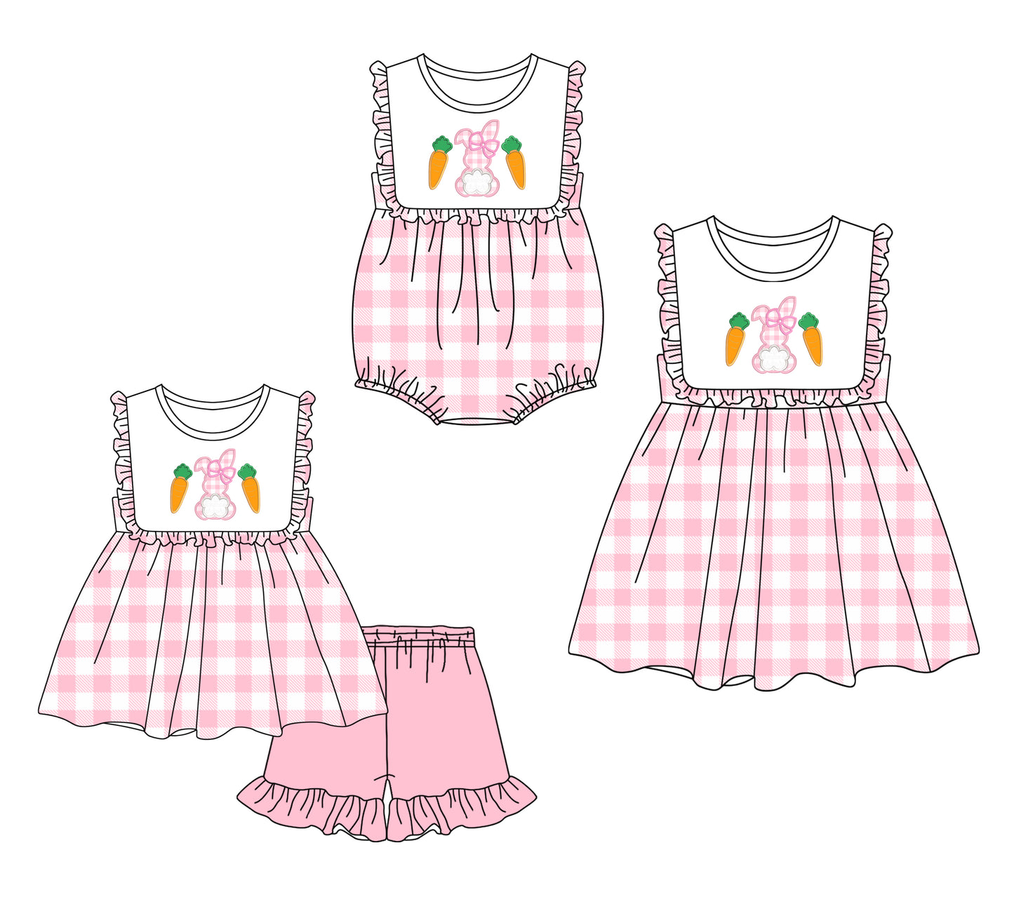 12.6 custom each style moq 5eta 4-6week Sibling Sister easter rabbit baby girl short sleeve shorts sets and dress and rompers match family design