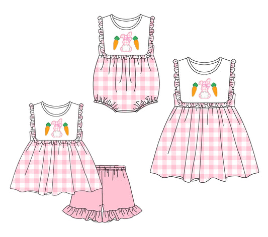 12.6 custom each style moq 5eta 4-6week Sibling Sister easter rabbit baby girl short sleeve shorts sets and dress and rompers match family design