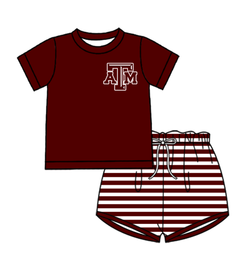 Custom moq 5 mix size milk silk summer teams baby girl boys clothes dark red short sleeve shorts sets and swimsuit and rompers series