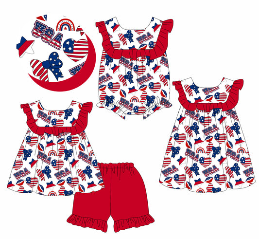 3.25 custom each style moq 5eta 4-6week Sibling Sisters USA baby girl short sleeve shorts sets and dress and rompers match family design