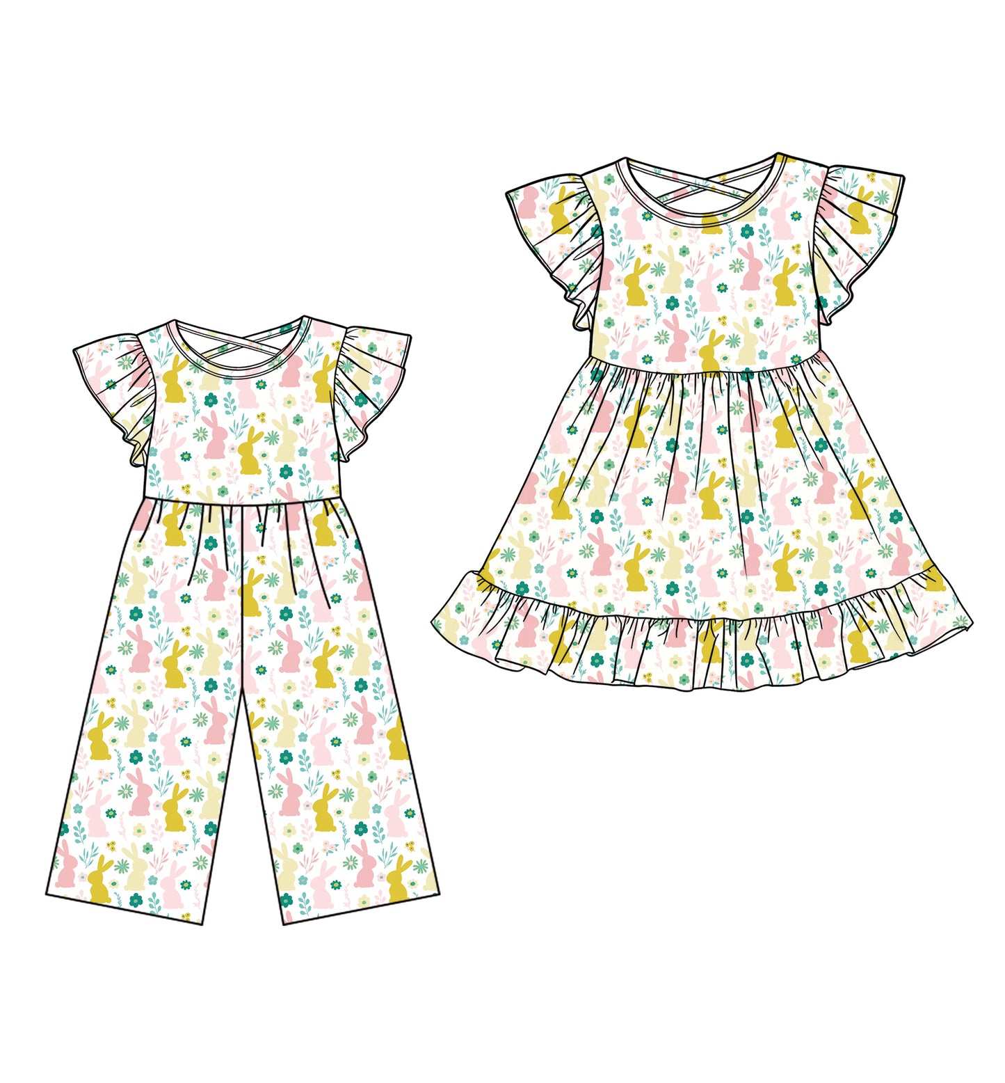 25.12.24 custom each style moq 5 eta 6-8week Sibling Sister bunny baby short sleeve dress and jumpsuit match design