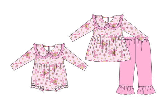 25.6.30 custom each style moq 5eta 4-6week Sibling Sisters Christmas bow pink baby girl long sleeve pants sets and rompers match family design