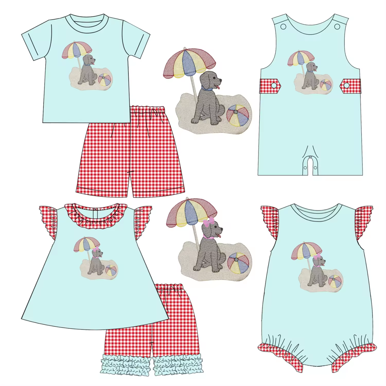 5.21custom each style moq 5eta 4-5week Sibling Sister beach puppy print red plaid blue girls and boys outfits and baby romper match family design