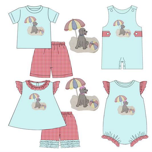 5.21custom each style moq 5eta 4-5week Sibling Sister beach puppy print red plaid blue girls and boys outfits and baby romper match family design