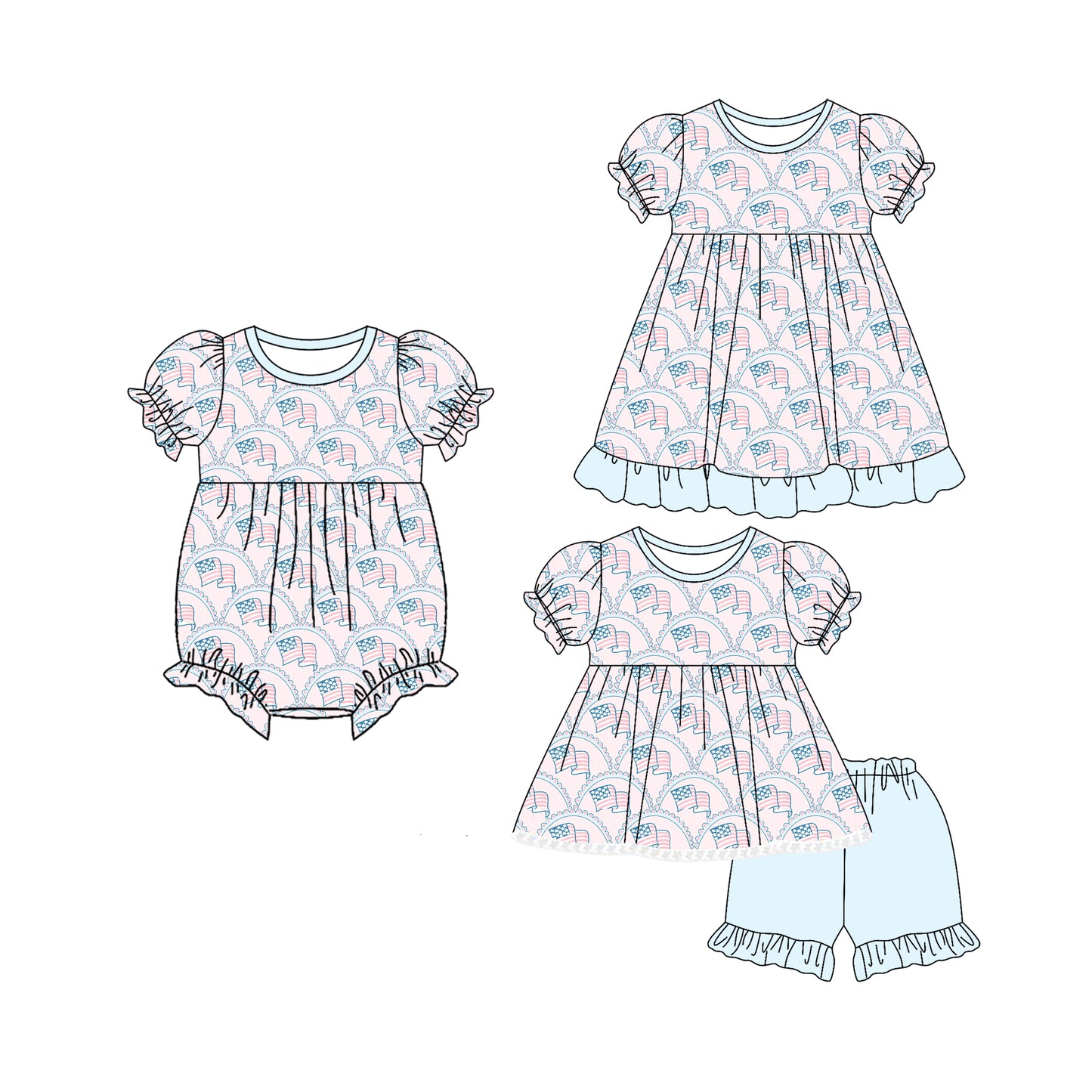 5.6 custom each style moq 5eta 4-6week Sibling Sisters flag baby girl short sleeve shorts sets and dress and rompers match family design