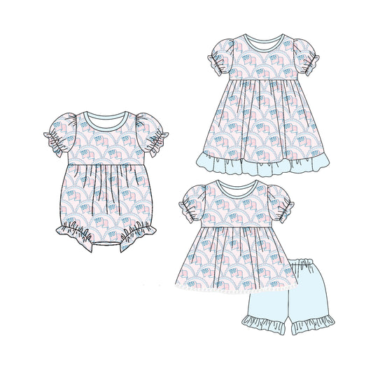 5.6 custom each style moq 5eta 4-6week Sibling Sisters flag baby girl short sleeve shorts sets and dress and rompers match family design