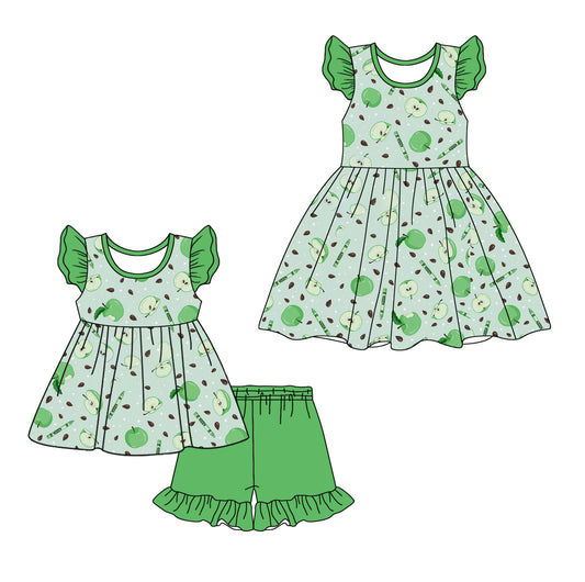 3.26 custom each style moq 5eta 4-6week Sibling Sister apple baby girl short sleeve shorts sets and dresses match design