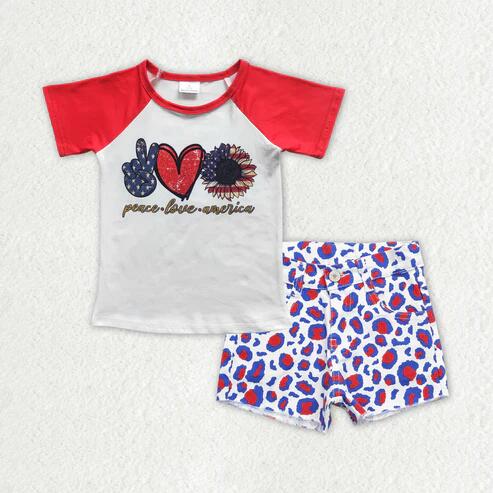 RTS NO MOQ Sibling Baby Girls 4th of July Outfit Set Top with Denim Pockets Shorts Clothing