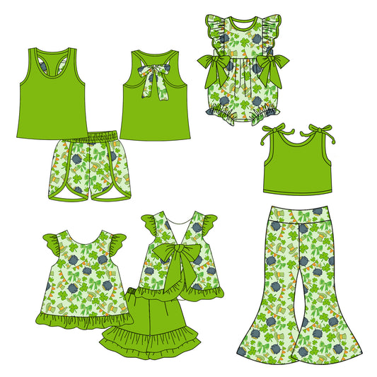 25.10.13 custom each style moq 5 eta 6-8week Sibling Sisters bow green baby girl short sleeve shorts sets 1 and sets 2 and pants sets and rompers match family design