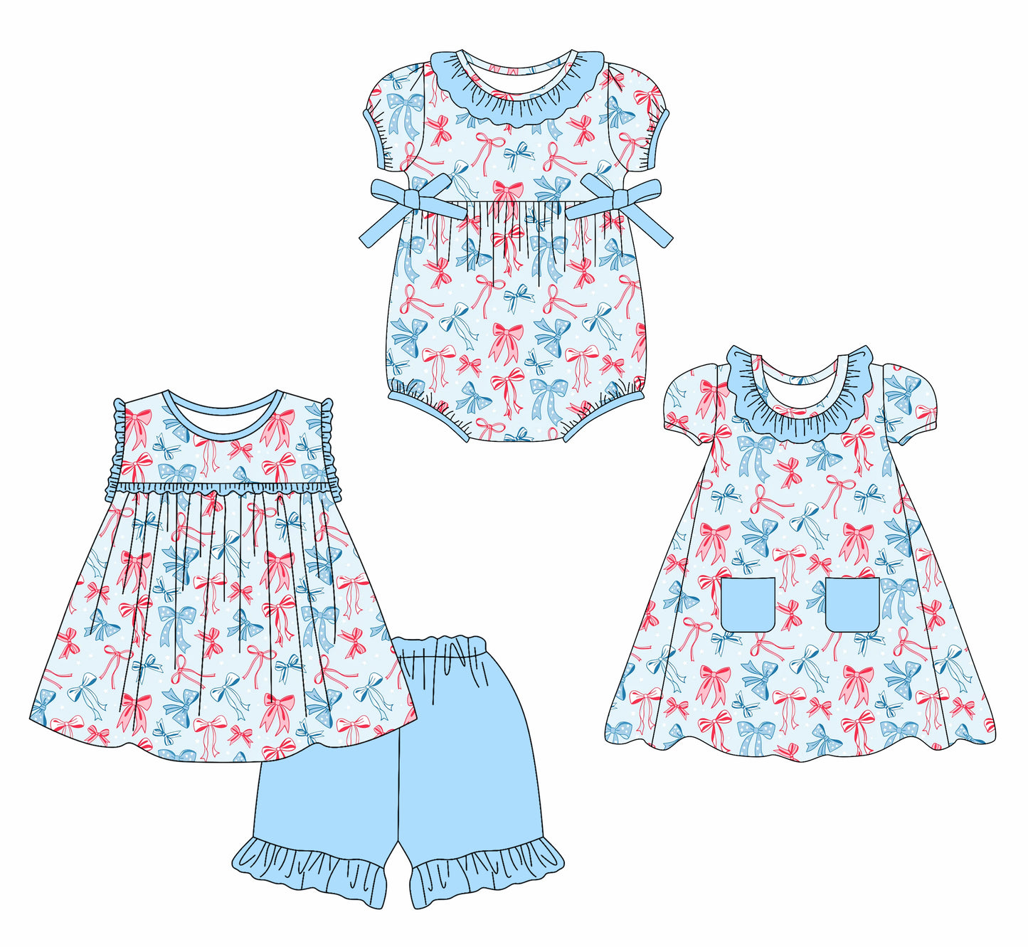 2.15 custom each style moq 5eta 4-6week Sibling Sisters bow baby girl short sleeve shorts sets and dress and rompers match family design
