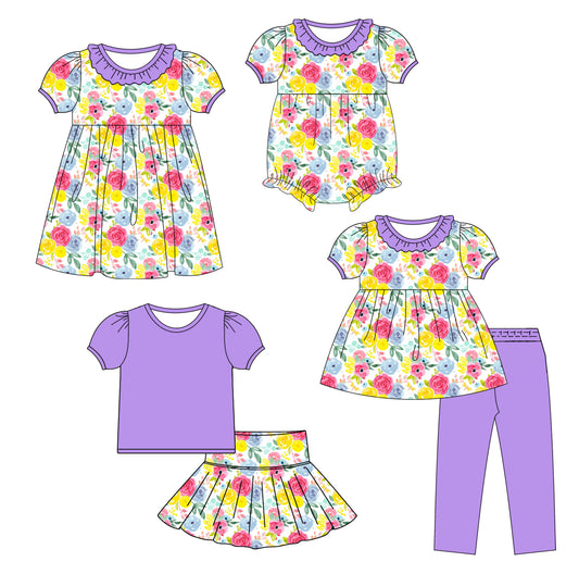 25.9.23 custom each style moq 8 eta 6-8week Sibling Sisters floral baby girl short sleeve pants sets and skirts sets and dress and rompers match family design