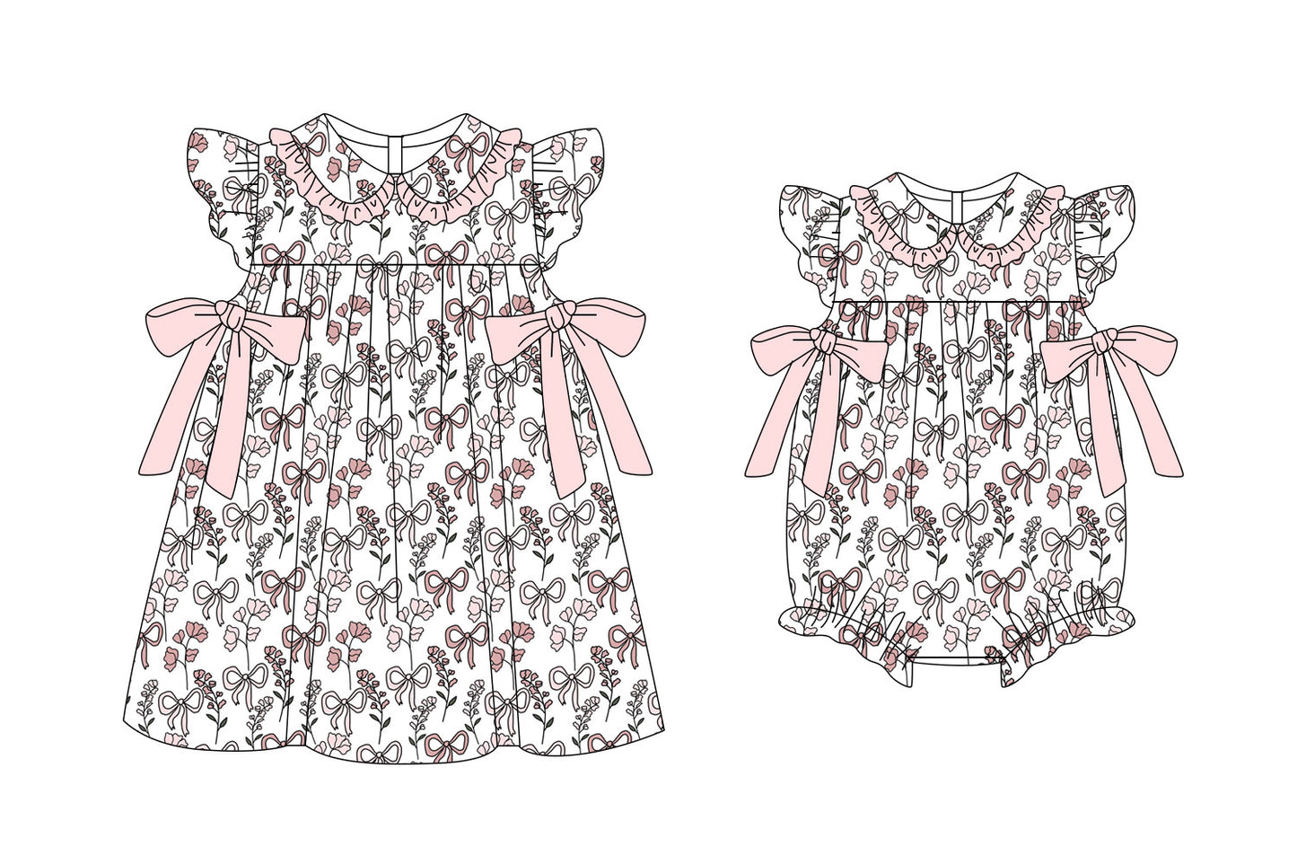 3.6 Custom moq 5 mix size Sibling Baby Girl's Floral Bow Print Dress with Flutter Sleeves And Bow Matching Romper Set