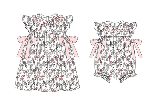 3.6 Custom moq 5 mix size Sibling Baby Girl's Floral Bow Print Dress with Flutter Sleeves And Bow Matching Romper Set