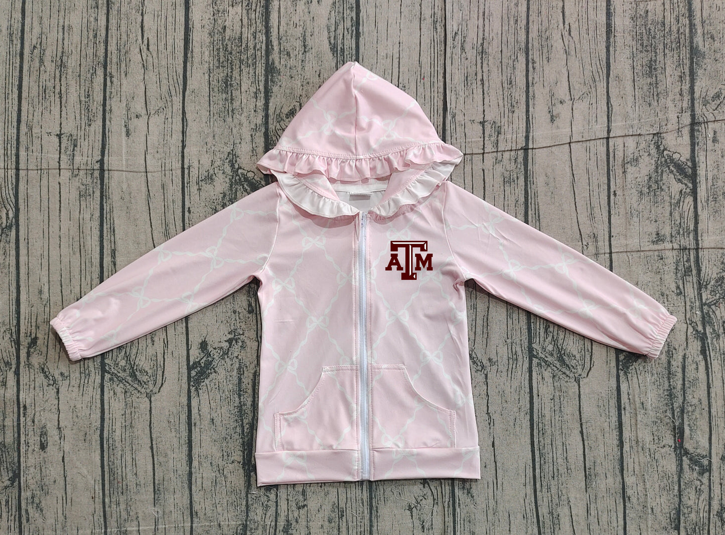 Custom moq 5 mix size milk silk baby girls clothes team summer lace bow pink zipper hooded long sleeve top-25.11.22
