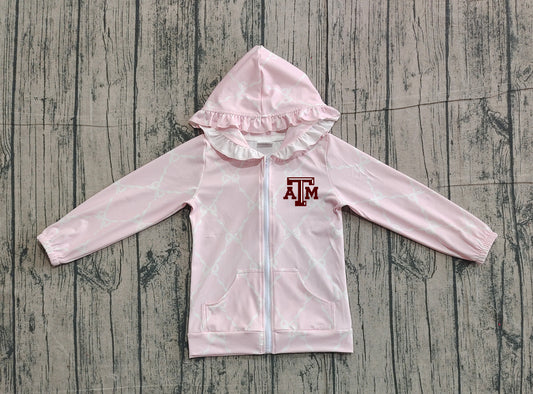 Custom moq 5 mix size milk silk baby girls clothes team summer lace bow pink zipper hooded long sleeve top-25.11.22