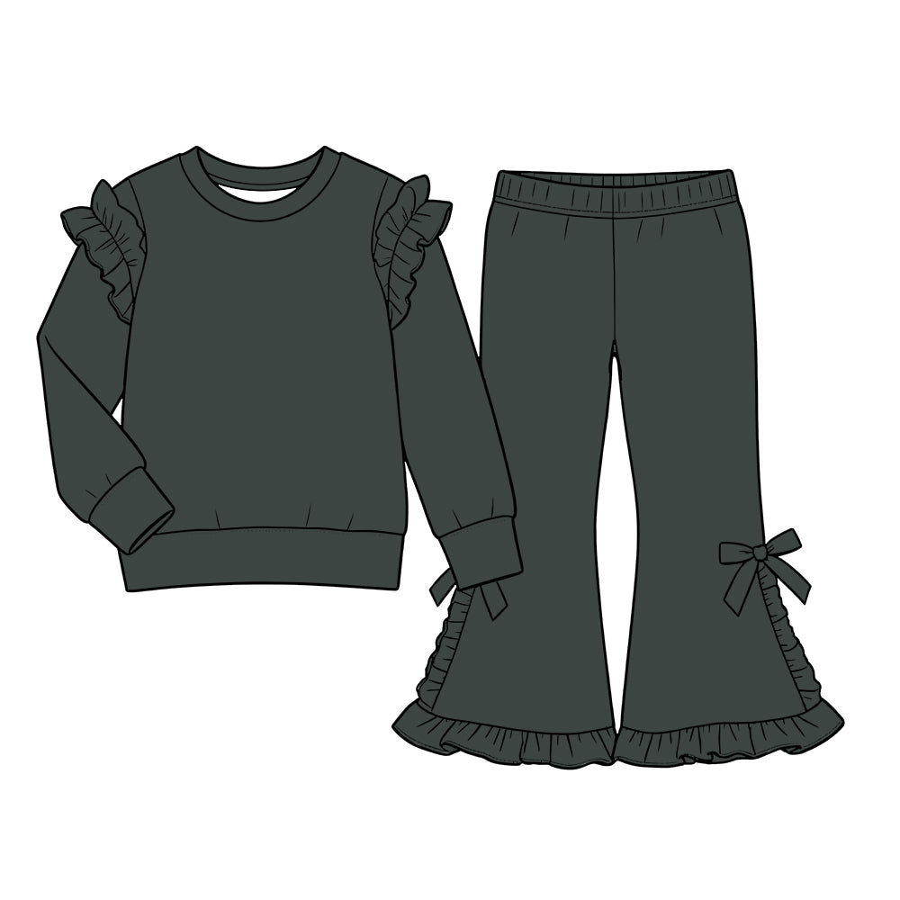 Custom moq 5  cotton fabric girls ruffle sets  solid color blank Deep dark green lace-trimmed long-sleeve sweatshirt and side-bow slight-flare pants set