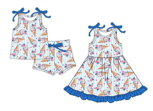 4.21 custom each style moq 5eta 4-6week Sibling Sister ice cream flag baby girl short sleeve shorts sets and dresses match design