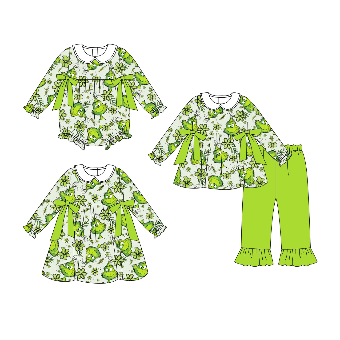 25.8.4 custom each style moq 5eta 4-6week Sibling Sisters Christmas green baby girl long sleeve pants sets and dress and rompers match family design