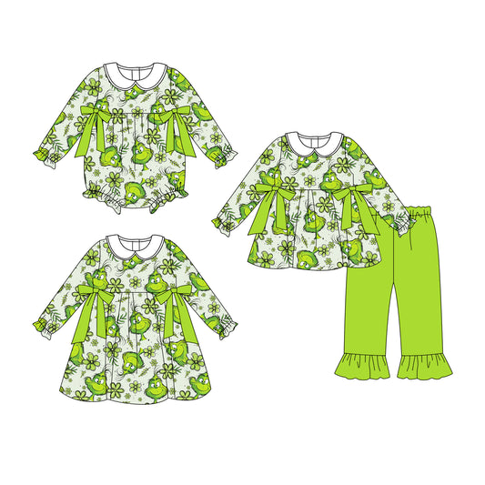 25.8.4 custom each style moq 5eta 4-6week Sibling Sisters Christmas green baby girl long sleeve pants sets and dress and rompers match family design
