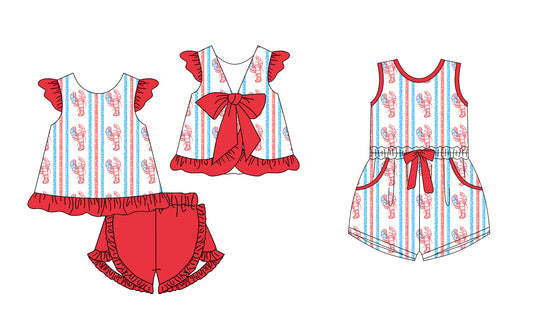 25.11.15 custom each style moq 5 eta 6-8week Sibling Sister lobster baby short sleeve shorts sets and jumpsuit match design