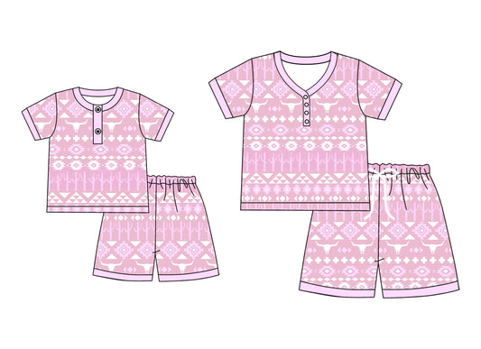 4.25 custom each style moq 5eta 4-6week Sibling Sister cow head short sleeve shorts sets and adult sets match design