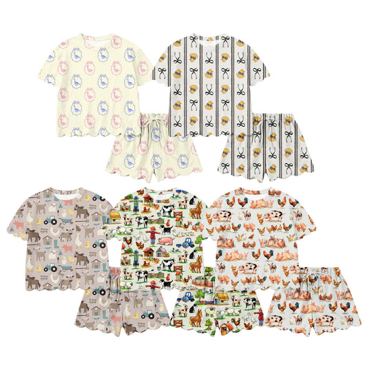 26.1.23 custom each style moq 5 eta 6-8week Scallop Sibling Sisters bow baby girl clothes short sleeve shorts sets 5 match family design