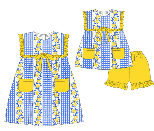 4.2 custom each style moq 5eta 4-6week Sibling Sister floral baby girl short sleeve shorts sets and dresses match design