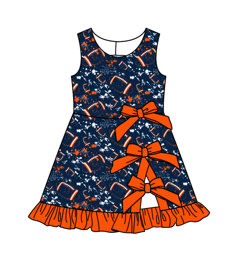 Custom moq 5 mix size milk silk summer teams Baby Girls Sleeveless Football Print Bow Ruffle Yoga Knee Length Dresses