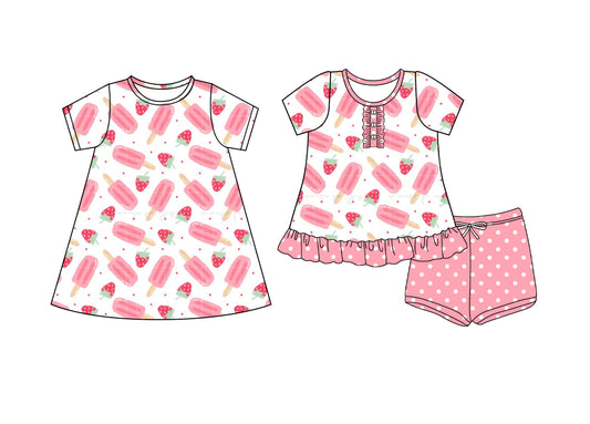4.7 custom each style moq 5eta 4-6week Sibling Sister ice cream strawberry baby girl short sleeve shorts sets and dresses match design