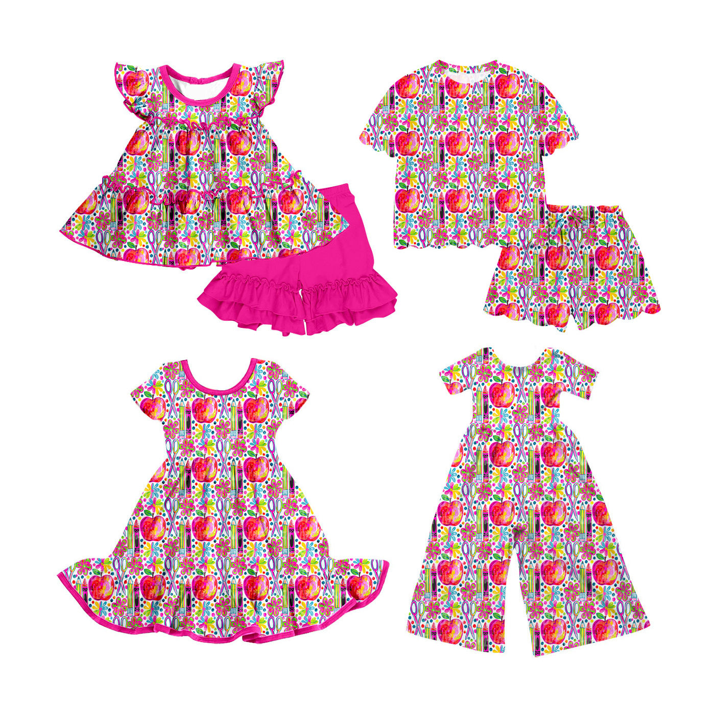Custom moq 5 mix size Sibling Baby Girl's Fuchsia Flutter Sleeve Top Shorts And Short-sleeved shorts Set Cute Dress Jumpsuits Outfit