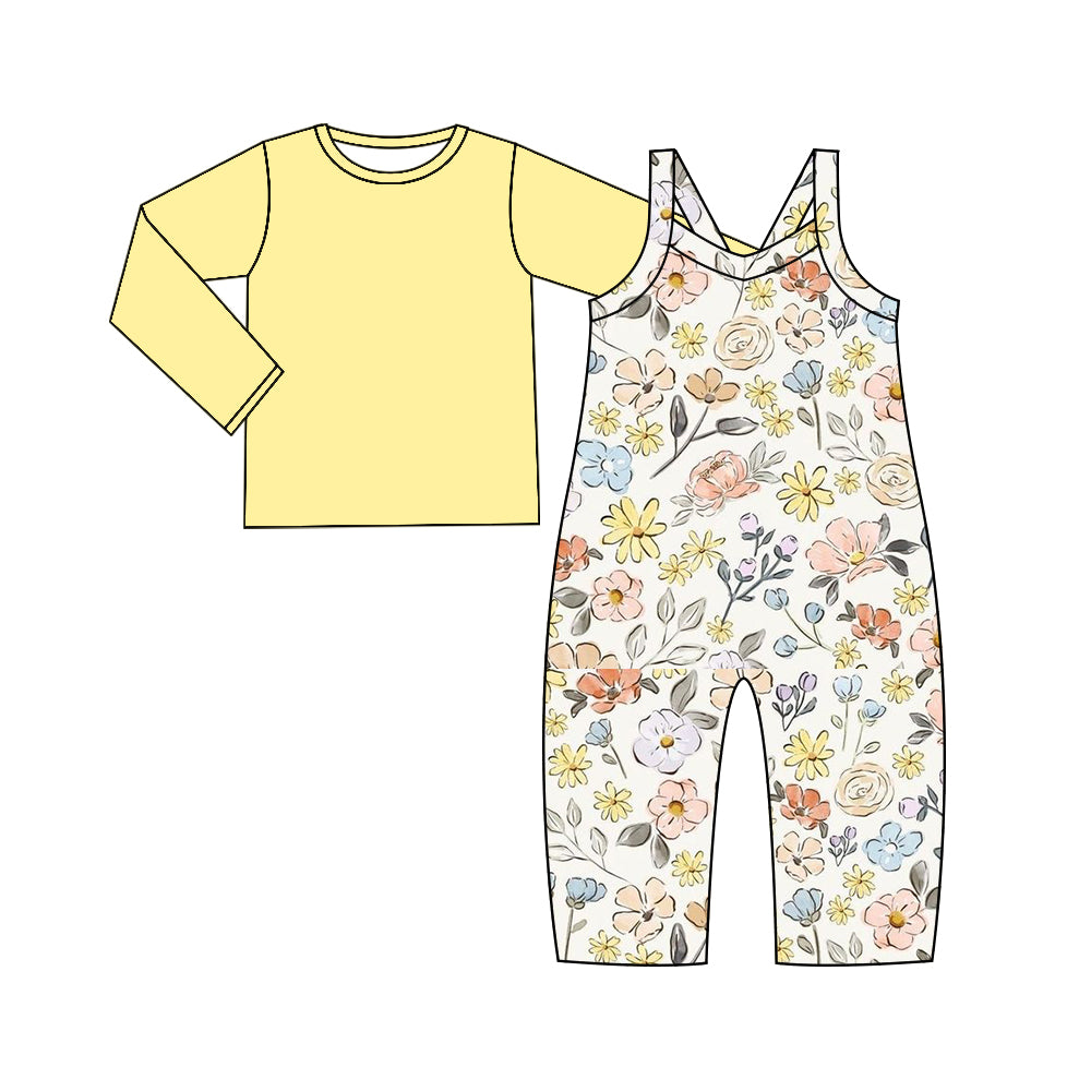 9.12 custom each style moq 5eta 4-6week baby girls clothes floral yellow long sleeve suspender pants sets