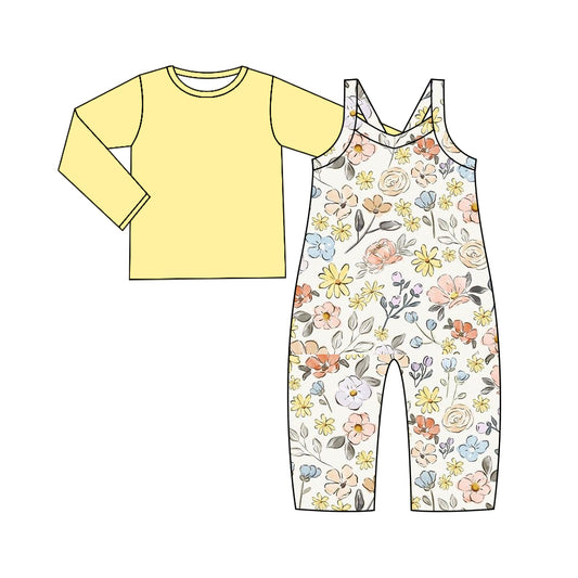 9.12 custom each style moq 5eta 4-6week baby girls clothes floral yellow long sleeve suspender pants sets