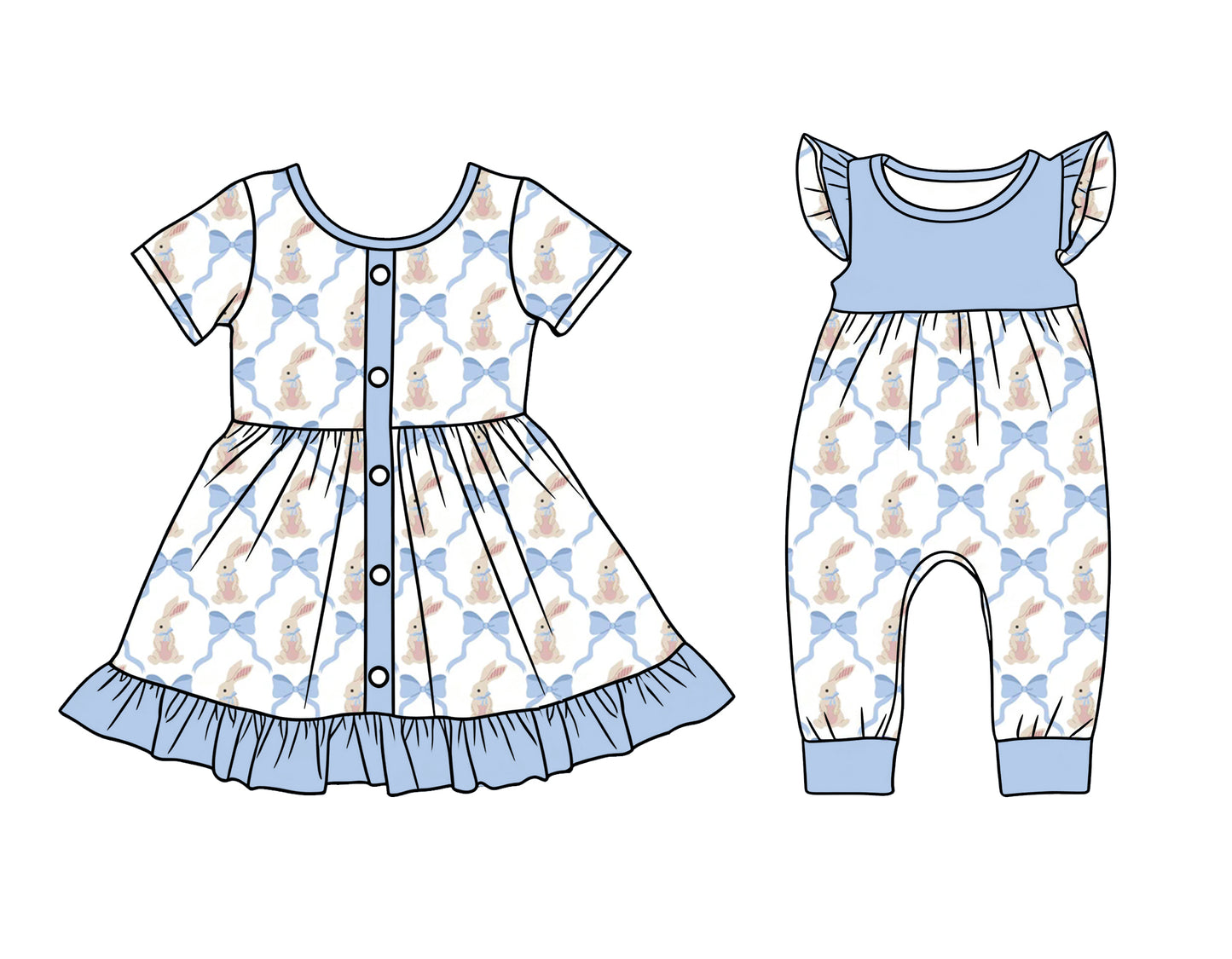 25.12.11 custom each style moq 5 eta 6-8week Sibling Sister bow bunny baby short sleeve romper and dress match design