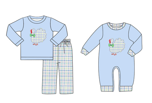 25.5.28 custom each style moq 5eta 4-6week Sibling Sisters turkey blue baby boy long sleeve pants sets and rompers match family design
