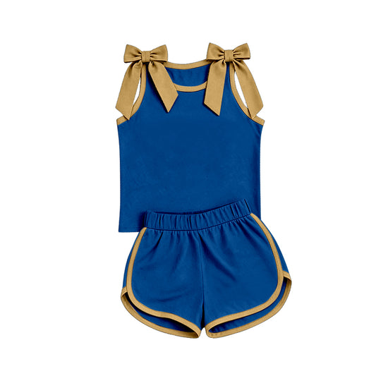 custom moq 5 mix size Baby Girls khaki Bow Sleeveless Blue Top Shorts Team Athletic Set