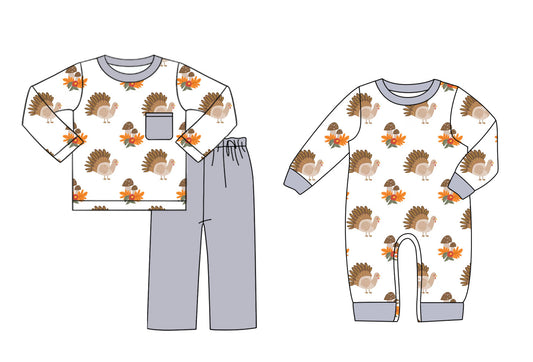 25.7.1 custom each style moq 5eta 4-6week Sibling Sisters turkey baby boy long sleeve pants sets and rompers match family design
