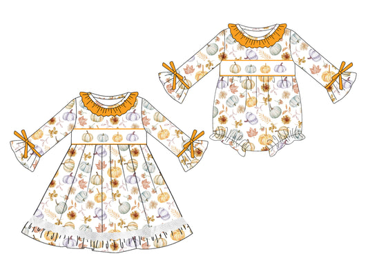 25.5.10 custom each style moq 5eta 4-6week Sibling Sisters pumpkin baby girl long sleeve dress and rompers match family design
