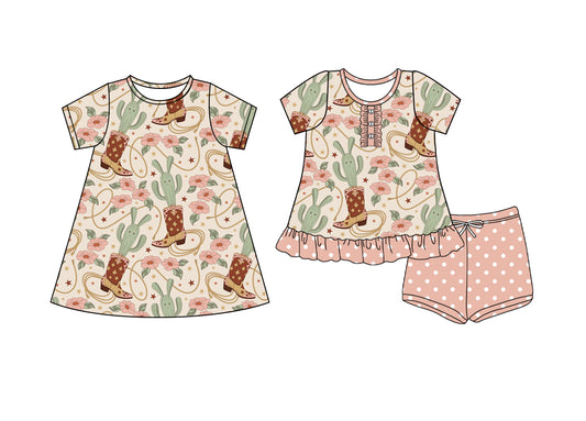 4.18 custom each style moq 5eta 4-6week Sibling Sister catcus boots hats baby girl short sleeve shorts sets and dresses match design