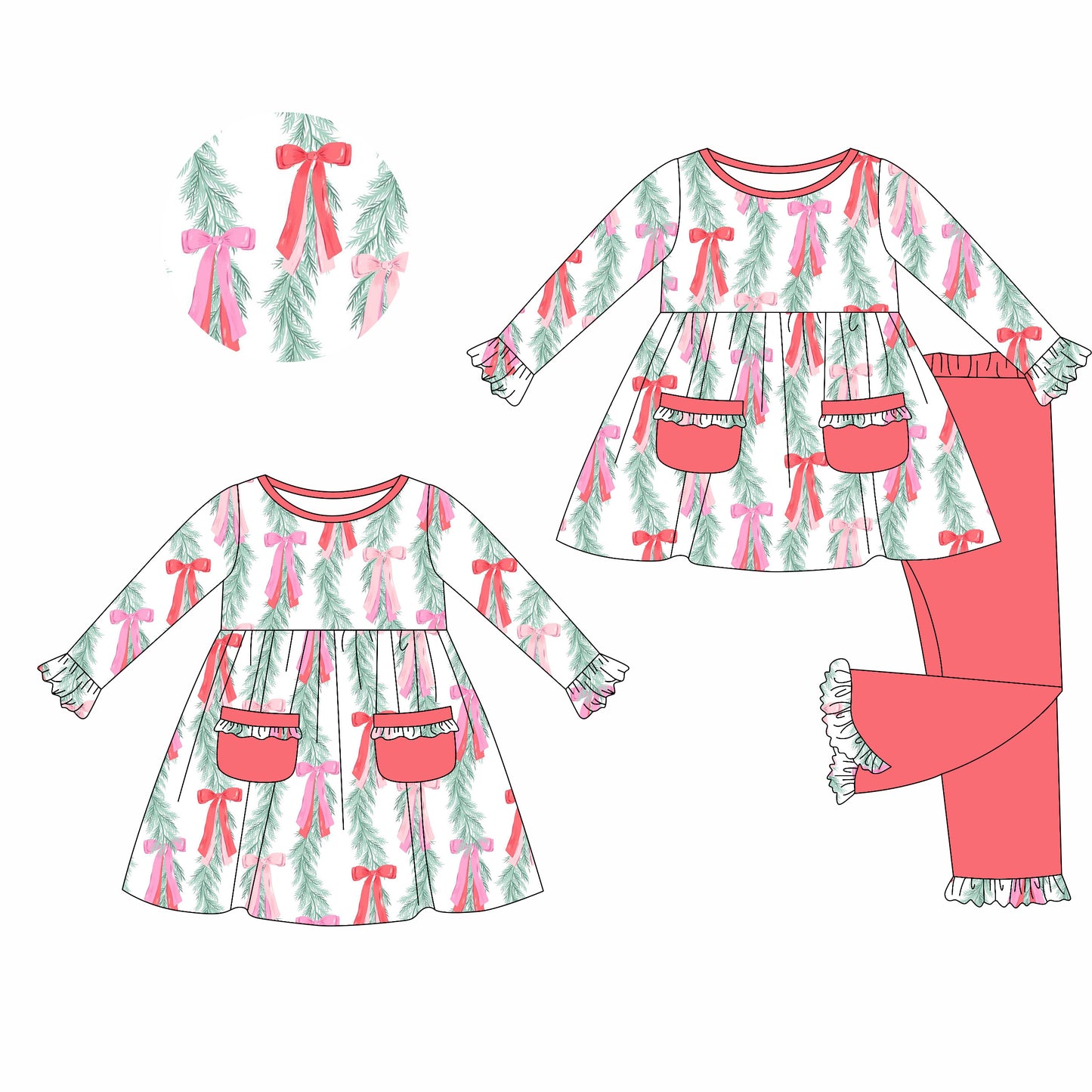 25.5.21 custom each style moq 5eta 4-6week Sibling Sisters Christmas bow baby girl long sleeve pants sets and dress match family design