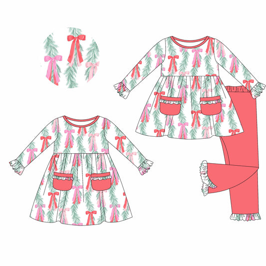 25.5.21 custom each style moq 5eta 4-6week Sibling Sisters Christmas bow baby girl long sleeve pants sets and dress match family design