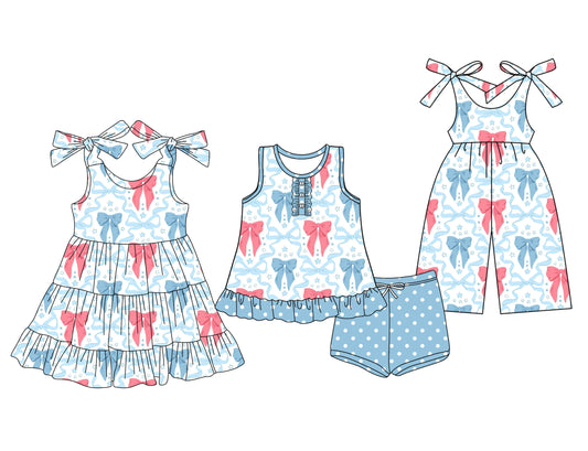 3.14 custom each style moq 5eta 4-6week Sibling Sister bow baby girl short sleeve shorts sets and dresses and jumpsuit match design