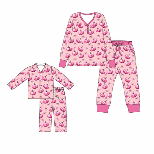 25.5.13 custom each style moq 5eta 4-6week Sibling Sister pumpkin floral long sleeve pants sets and adult sets match design