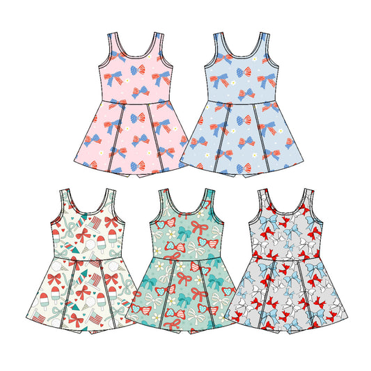 Custom moq 5 mix size Sibling Baby Girls Bow-Print Sleeveless Dress 4th of July Yoga Knee Length Dresses
