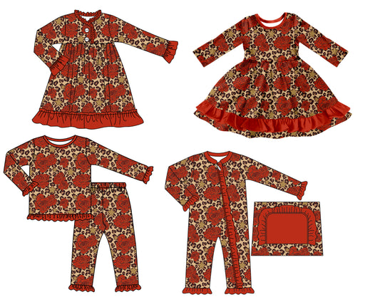 25.7.17 custom each style moq 5 eta 4-6week Sibling Sisters floral leopard baby girl long sleeve pants sets and romper and dress 1 and dress 2 match family design