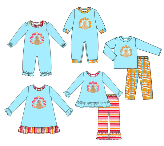 25.7.16 custom each style moq 5 eta 4-6week Sibling Sisters turkey baby girl long sleeve pants sets 1 and sets 2 and romper 1 and romper 2 and dress match family design