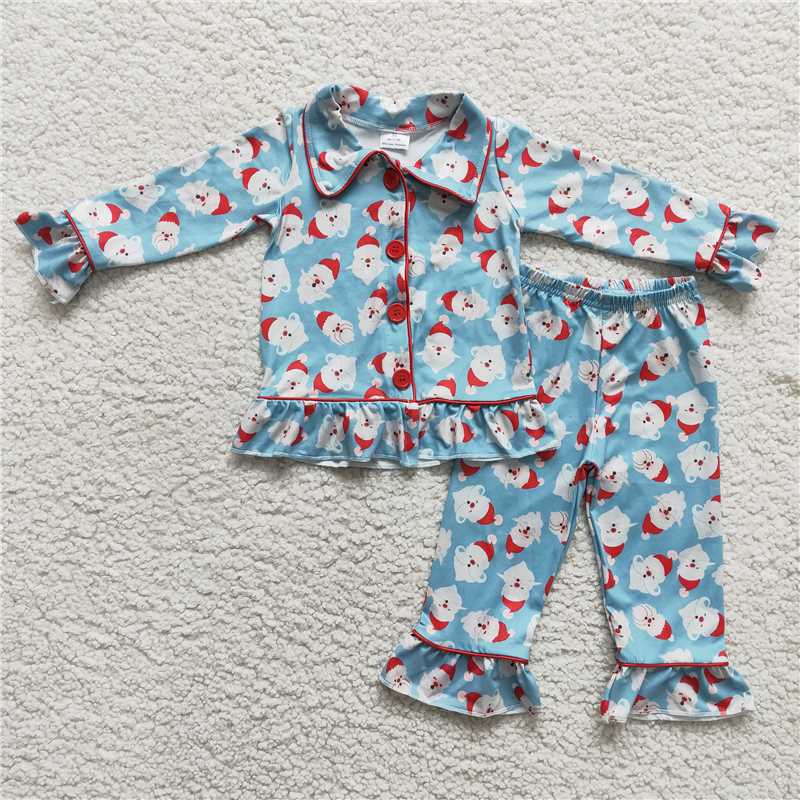 Baby Girls boys Christmas style Santa print blue pajama set Family siblings set