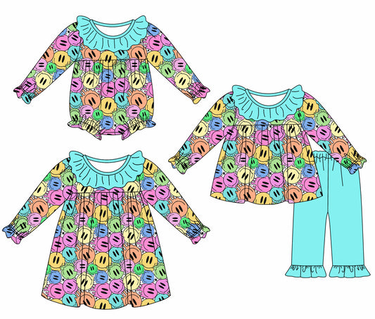 25.7.5 custom each style moq 5eta 4-6week Sibling Sisters baby girl long sleeve pants sets and dress and rompers match family design