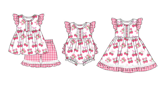 11.9 custom each style moq 5eta 4-6week Sibling Sister strawberry bow baby girl short sleeve shorts sets and dress and rompers match family design